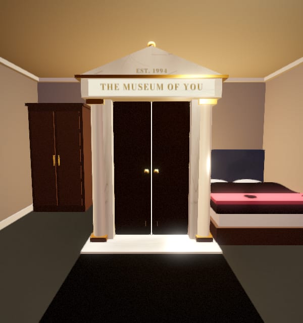 A tall green door with gold light round its edges, standing in a bedroom