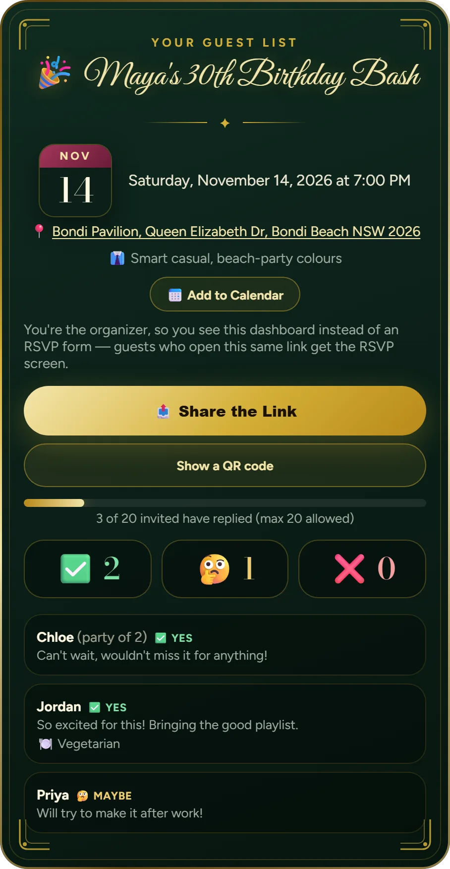 The organizer dashboard showing RSVP replies