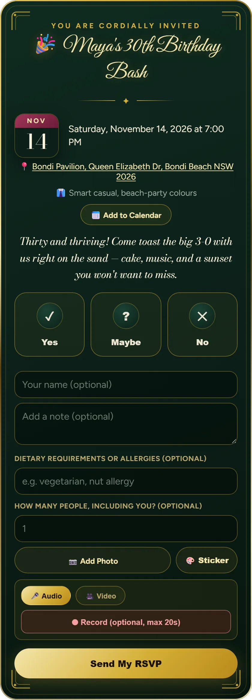 The RSVP form a guest fills in
