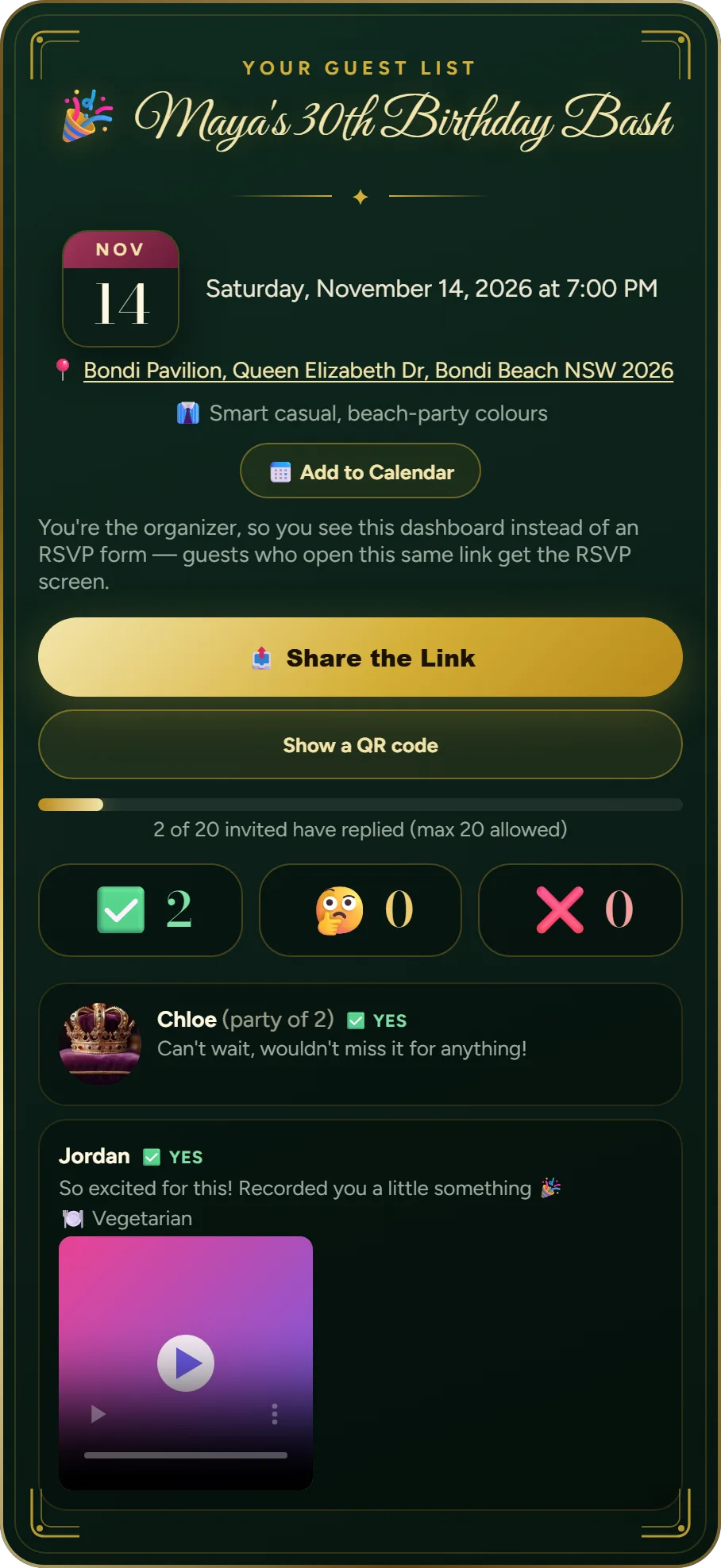 The organizer's live dashboard showing two RSVP replies, including a photo and a video message