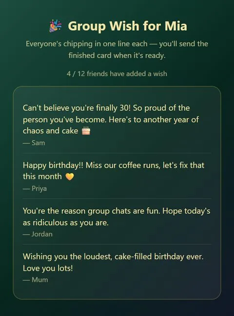 A Group Wish card with several friends' birthday lines collected onto one shared card