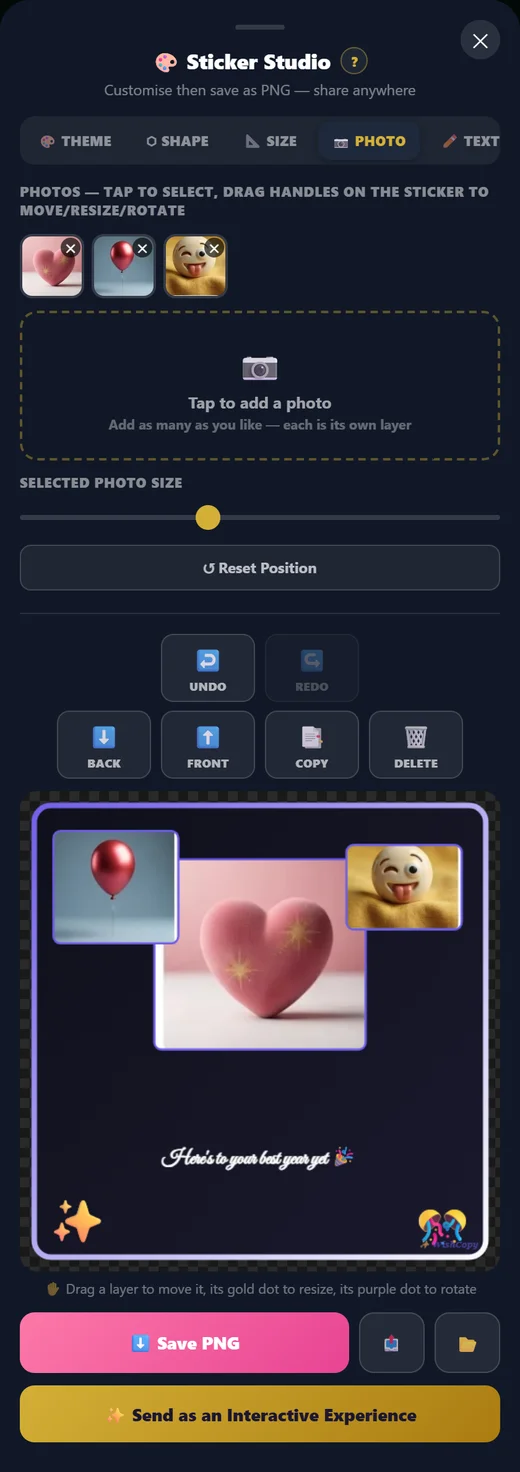 The Sticker Studio interface open with three collaged photo layers, a script-font wish and emoji accents