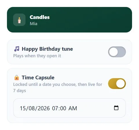 The Time Capsule toggle switched on with a future unlock date and time set