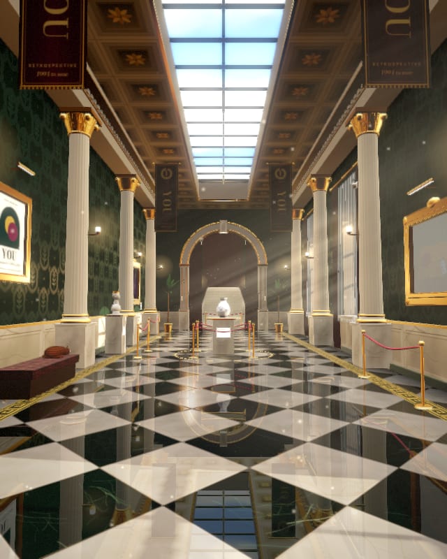 A marble museum hall with green walls, gold columns, a chequered floor and a vase on a plinth under a round arch