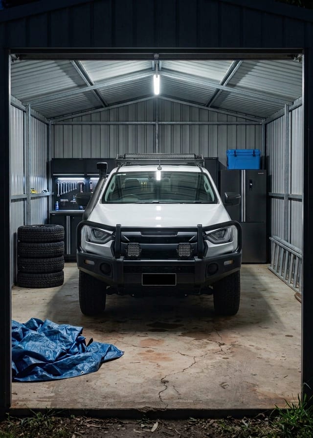 A white ute in a lit shed at night, a blue tarp pulled off onto the floor beside it