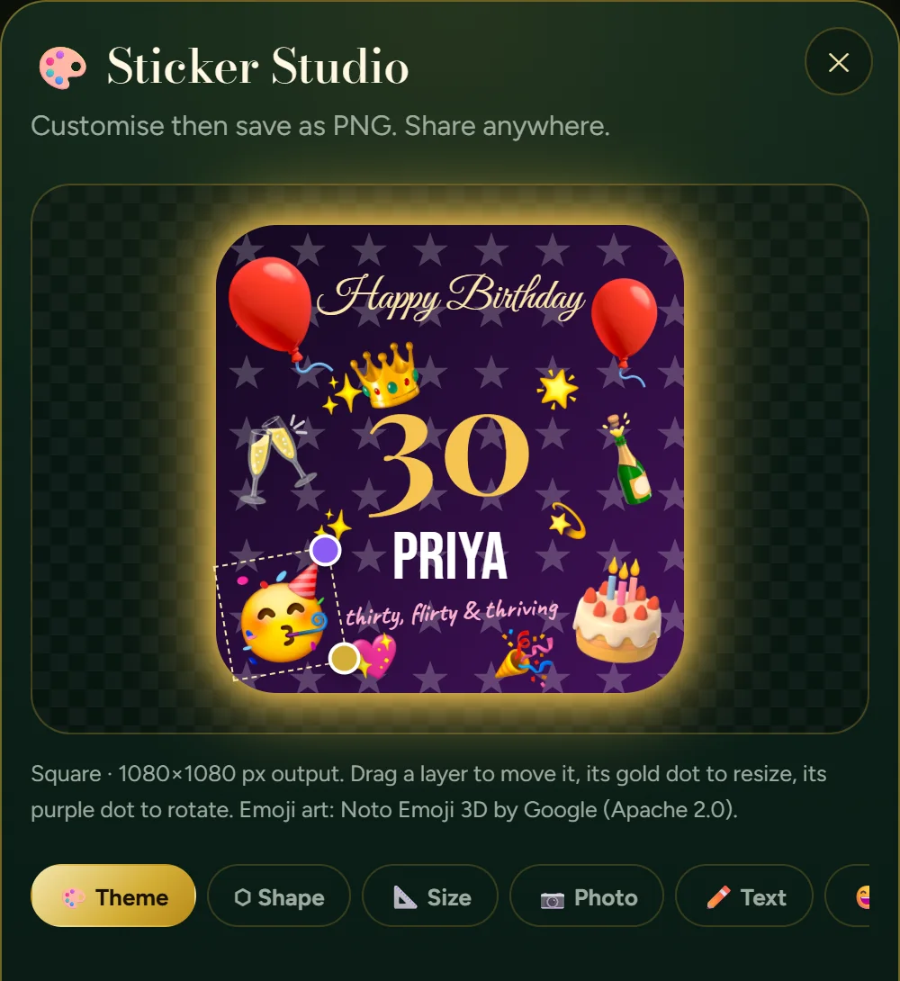The Sticker Studio with a birthday sticker and its colour themes